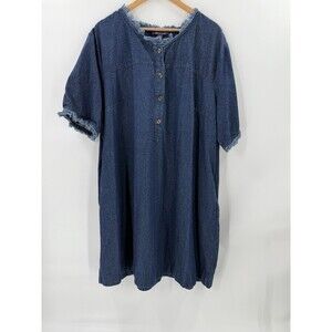Roamans Denim Shirt Dress Plus Size 28W  Blue Jean Knee Length Raw Hem EUC